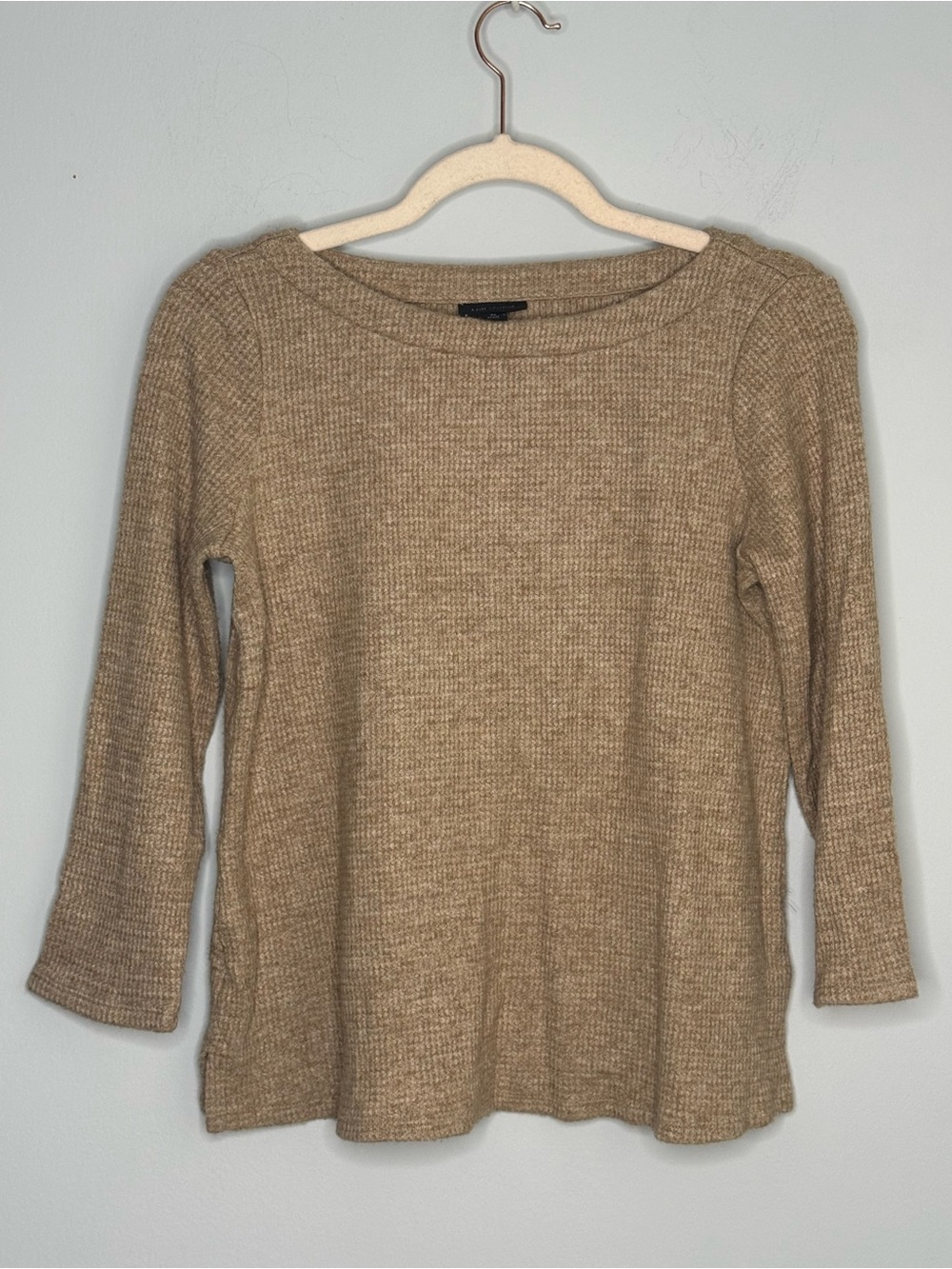 J Jill Wearever Waffle Knit Oatmeal Beige Long Sleeve Boatneck Top XS Petite